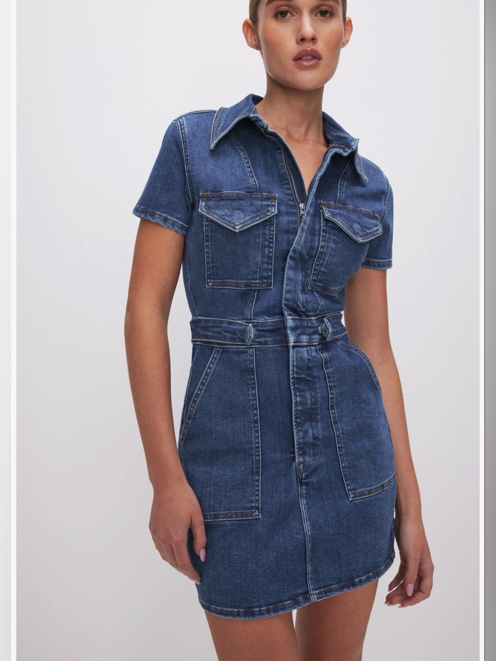 Good American Dark Blue Denim Short-Sleeve Zip Dress